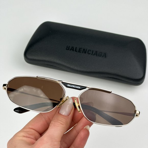 Balenciaga BB0245S 003 BRAND NEW Sunglasses Gold Brown Geometric Unisex - Picture 1 of 12